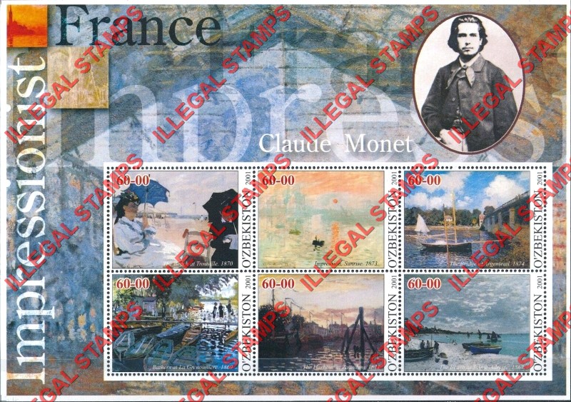 O’ZBEKISTON 2001 Paintings Impressionists From France Claude Monet Counterfeit Illegal Stamp Souvenir Sheet of 6 O’ZBEKISTON 2001 Paintings Impressionists From France Claude Monet Counterfeit Illegal Stamp Souvenir Sheet of 6