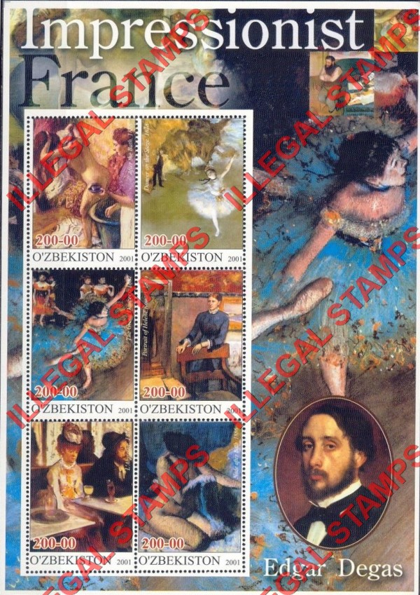 O’ZBEKISTON 2001 Paintings Impressionists From France Edgar Degas Counterfeit Illegal Stamp Souvenir Sheet of 6 O’ZBEKISTON 2001 Paintings Impressionists From France Edgar Degas Counterfeit Illegal Stamp Souvenir Sheet of 6