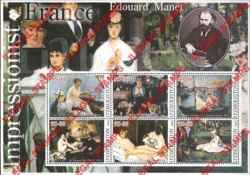 O’ZBEKISTON 2001 Paintings Impressionists From France Edouard Manet Counterfeit Illegal Stamp Souvenir Sheet of 6 O’ZBEKISTON 2001 Paintings Impressionists From France Edouard Manet Counterfeit Illegal Stamp Souvenir Sheet of 6