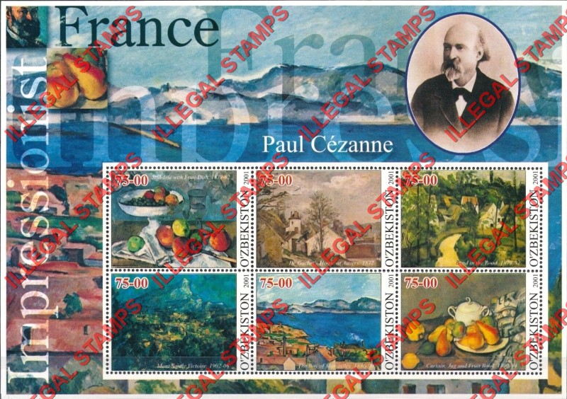 O’ZBEKISTON 2001 Paintings Impressionists From France Paul Cezanne Counterfeit Illegal Stamp Souvenir Sheet of 6 O’ZBEKISTON 2001 Paintings Impressionists From France Paul Cezanne Counterfeit Illegal Stamp Souvenir Sheet of 6