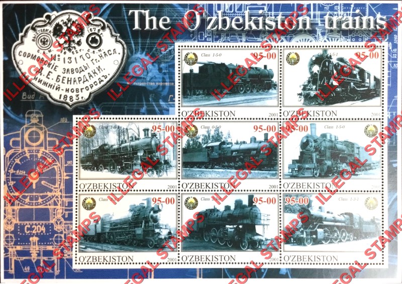 O’ZBEKISTON 2001 The O'zbekistan Trains with Emblem of Uzbekistan Counterfeit Illegal Stamp Souvenir Sheet of 8 (Sheet 3) O’ZBEKISTON 2001 The O'zbekistan Trains with Emblem of Uzbekistan Counterfeit Illegal Stamp Souvenir Sheet of 8 (Sheet 3)