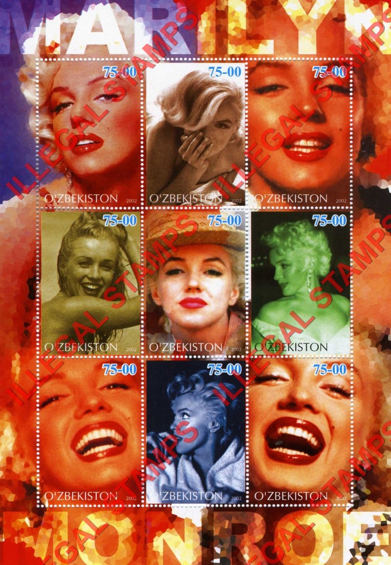 O’ZBEKISTON 2002 Marilyn Monroe Counterfeit Illegal Stamp Souvenir Sheet of 9 (Sheet 1) O’ZBEKISTON 2002 Marilyn Monroe Counterfeit Illegal Stamp Souvenir Sheet of 9 (Sheet 1)