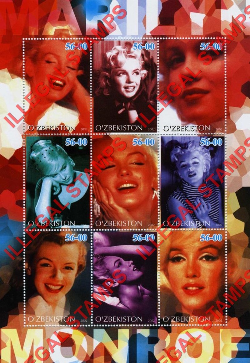 O’ZBEKISTON 2002 Marilyn Monroe Counterfeit Illegal Stamp Souvenir Sheet of 9 (Sheet 2) O’ZBEKISTON 2002 Marilyn Monroe Counterfeit Illegal Stamp Souvenir Sheet of 9 (Sheet 2)