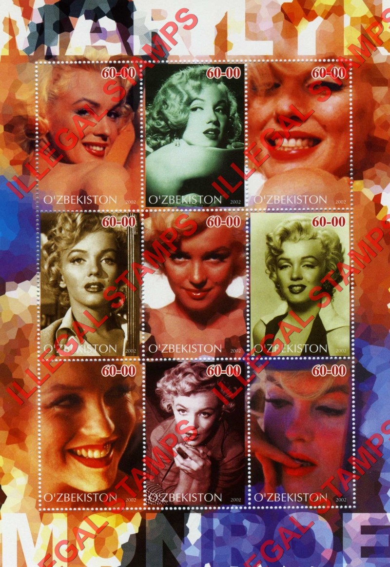 O’ZBEKISTON 2002 Marilyn Monroe Counterfeit Illegal Stamp Souvenir Sheet of 9 (Sheet 3) O’ZBEKISTON 2002 Marilyn Monroe Counterfeit Illegal Stamp Souvenir Sheet of 9 (Sheet 3)