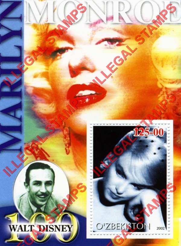 O’ZBEKISTON 2002 Marilyn Monroe and Walt Disney Counterfeit Illegal Stamp Souvenir Sheet of 1 (Sheet 1) O’ZBEKISTON 2002 Marilyn Monroe and Walt Disney Counterfeit Illegal Stamp Souvenir Sheet of 1 (Sheet 1)