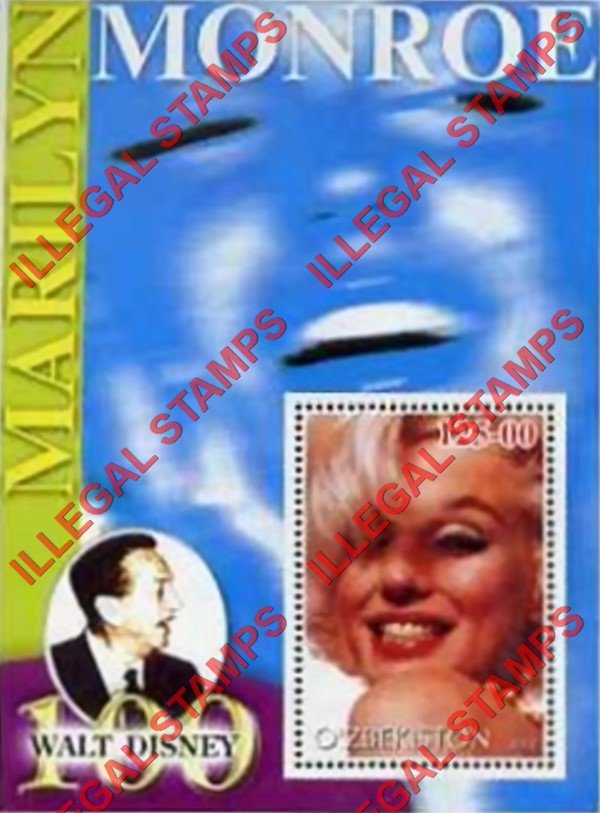 O’ZBEKISTON 2002 Marilyn Monroe and Walt Disney Counterfeit Illegal Stamp Souvenir Sheet of 1 (Sheet 10) O’ZBEKISTON 2002 Marilyn Monroe and Walt Disney Counterfeit Illegal Stamp Souvenir Sheet of 1 (Sheet 10)