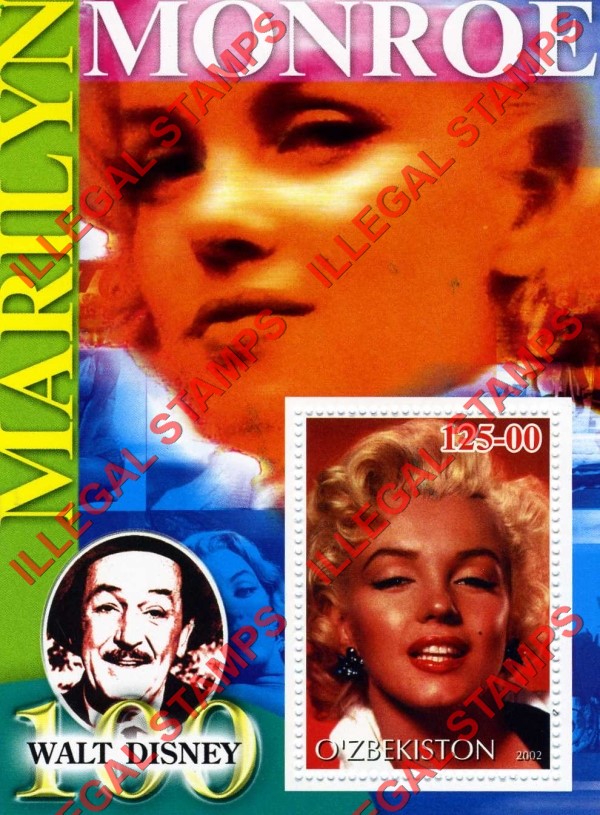 O’ZBEKISTON 2002 Marilyn Monroe and Walt Disney Counterfeit Illegal Stamp Souvenir Sheet of 1 (Sheet 11) O’ZBEKISTON 2002 Marilyn Monroe and Walt Disney Counterfeit Illegal Stamp Souvenir Sheet of 1 (Sheet 11)