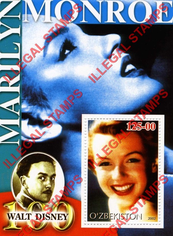 O’ZBEKISTON 2002 Marilyn Monroe and Walt Disney Counterfeit Illegal Stamp Souvenir Sheet of 1 (Sheet 12) O’ZBEKISTON 2002 Marilyn Monroe and Walt Disney Counterfeit Illegal Stamp Souvenir Sheet of 1 (Sheet 12)