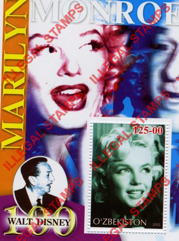 O’ZBEKISTON 2002 Marilyn Monroe and Walt Disney Counterfeit Illegal Stamp Souvenir Sheet of 1 (Sheet 13) O’ZBEKISTON 2002 Marilyn Monroe and Walt Disney Counterfeit Illegal Stamp Souvenir Sheet of 1 (Sheet 13)