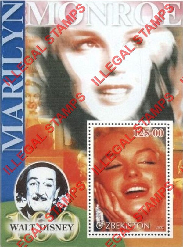O’ZBEKISTON 2002 Marilyn Monroe and Walt Disney Counterfeit Illegal Stamp Souvenir Sheet of 1 (Sheet 14) O’ZBEKISTON 2002 Marilyn Monroe and Walt Disney Counterfeit Illegal Stamp Souvenir Sheet of 1 (Sheet 14)