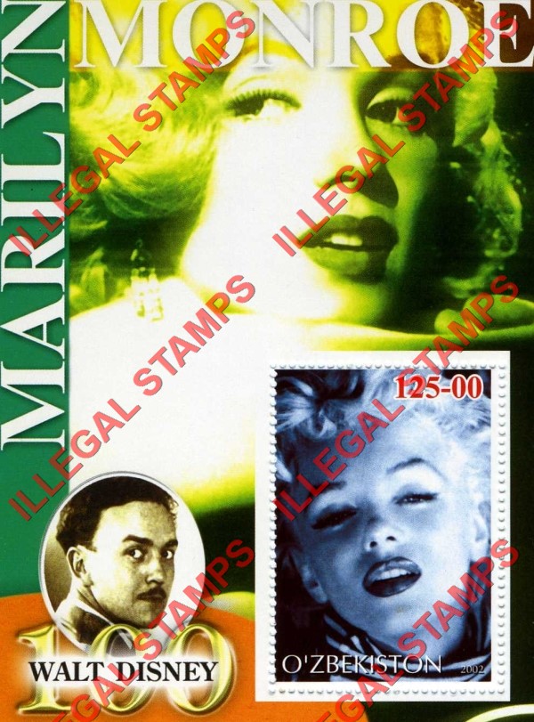 O’ZBEKISTON 2002 Marilyn Monroe and Walt Disney Counterfeit Illegal Stamp Souvenir Sheet of 1 (Sheet 15) O’ZBEKISTON 2002 Marilyn Monroe and Walt Disney Counterfeit Illegal Stamp Souvenir Sheet of 1 (Sheet 15)