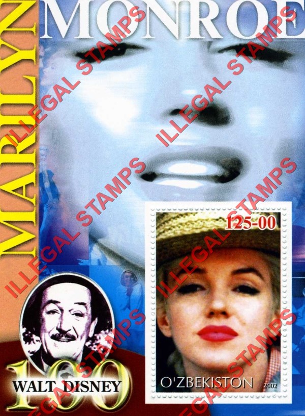 O’ZBEKISTON 2002 Marilyn Monroe and Walt Disney Counterfeit Illegal Stamp Souvenir Sheet of 1 (Sheet 2) O’ZBEKISTON 2002 Marilyn Monroe and Walt Disney Counterfeit Illegal Stamp Souvenir Sheet of 1 (Sheet 2)