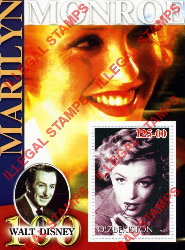 O’ZBEKISTON 2002 Marilyn Monroe and Walt Disney Counterfeit Illegal Stamp Souvenir Sheet of 1 (Sheet 3) O’ZBEKISTON 2002 Marilyn Monroe and Walt Disney Counterfeit Illegal Stamp Souvenir Sheet of 1 (Sheet 3)