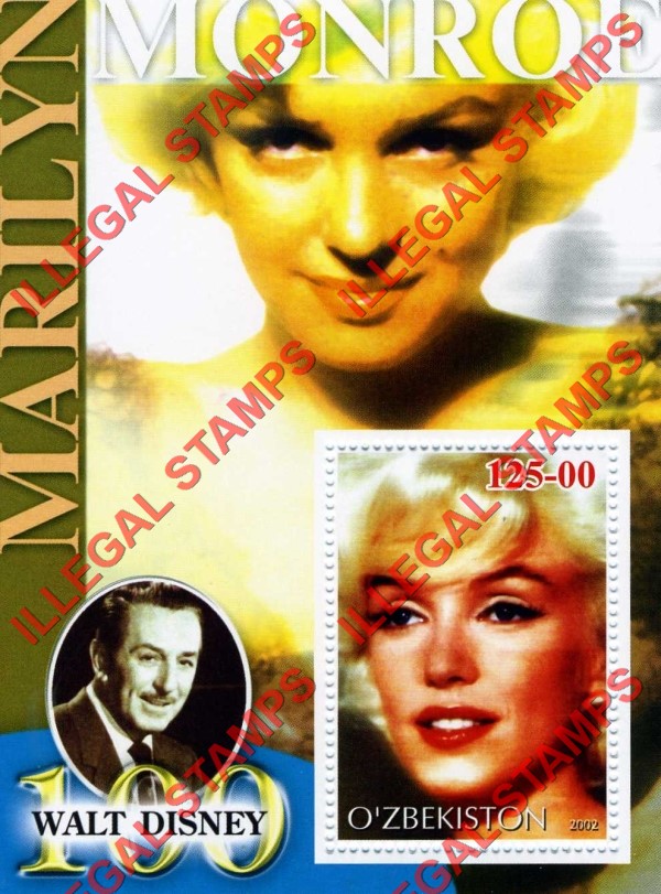O’ZBEKISTON 2002 Marilyn Monroe and Walt Disney Counterfeit Illegal Stamp Souvenir Sheet of 1 (Sheet 4) O’ZBEKISTON 2002 Marilyn Monroe and Walt Disney Counterfeit Illegal Stamp Souvenir Sheet of 1 (Sheet 4)