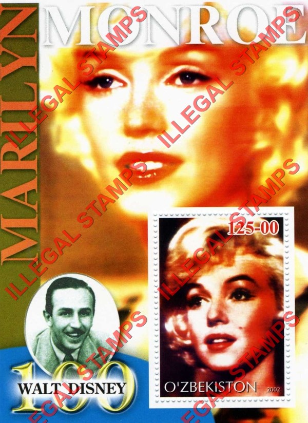 O’ZBEKISTON 2002 Marilyn Monroe and Walt Disney Counterfeit Illegal Stamp Souvenir Sheet of 1 (Sheet 5) O’ZBEKISTON 2002 Marilyn Monroe and Walt Disney Counterfeit Illegal Stamp Souvenir Sheet of 1 (Sheet 5)