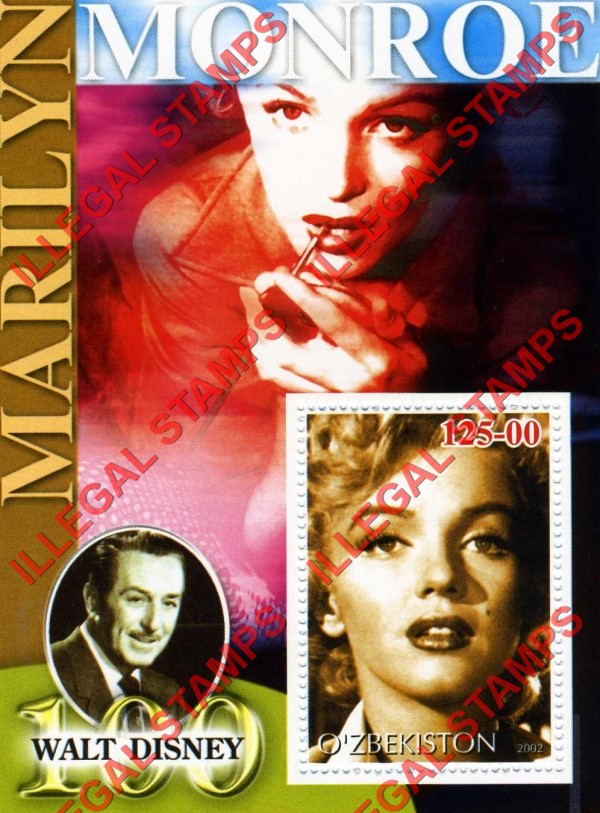 O’ZBEKISTON 2002 Marilyn Monroe and Walt Disney Counterfeit Illegal Stamp Souvenir Sheet of 1 (Sheet 6) O’ZBEKISTON 2002 Marilyn Monroe and Walt Disney Counterfeit Illegal Stamp Souvenir Sheet of 1 (Sheet 6)