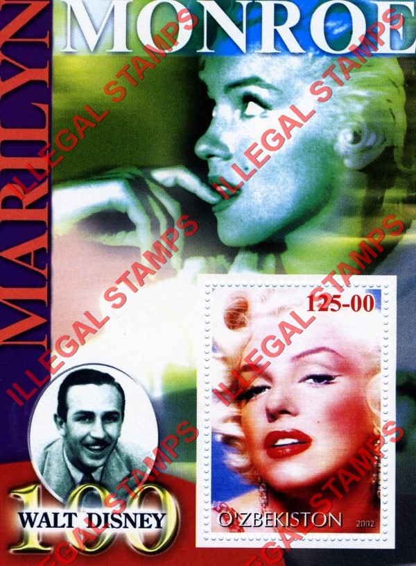 O’ZBEKISTON 2002 Marilyn Monroe and Walt Disney Counterfeit Illegal Stamp Souvenir Sheet of 1 (Sheet 7) O’ZBEKISTON 2002 Marilyn Monroe and Walt Disney Counterfeit Illegal Stamp Souvenir Sheet of 1 (Sheet 7)