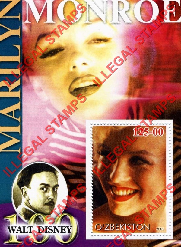 O’ZBEKISTON 2002 Marilyn Monroe and Walt Disney Counterfeit Illegal Stamp Souvenir Sheet of 1 (Sheet 8) O’ZBEKISTON 2002 Marilyn Monroe and Walt Disney Counterfeit Illegal Stamp Souvenir Sheet of 1 (Sheet 8)