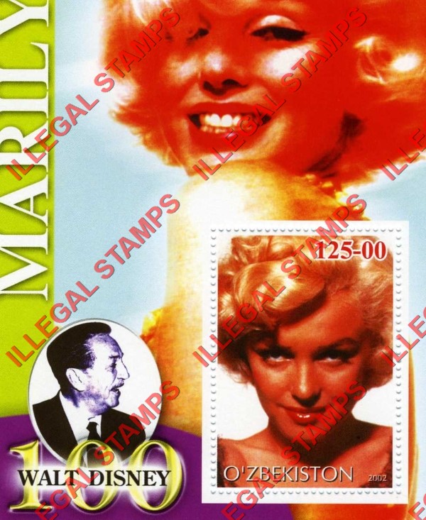 O’ZBEKISTON 2002 Marilyn Monroe and Walt Disney Counterfeit Illegal Stamp Souvenir Sheet of 1 (Sheet 9) O’ZBEKISTON 2002 Marilyn Monroe and Walt Disney Counterfeit Illegal Stamp Souvenir Sheet of 1 (Sheet 9)
