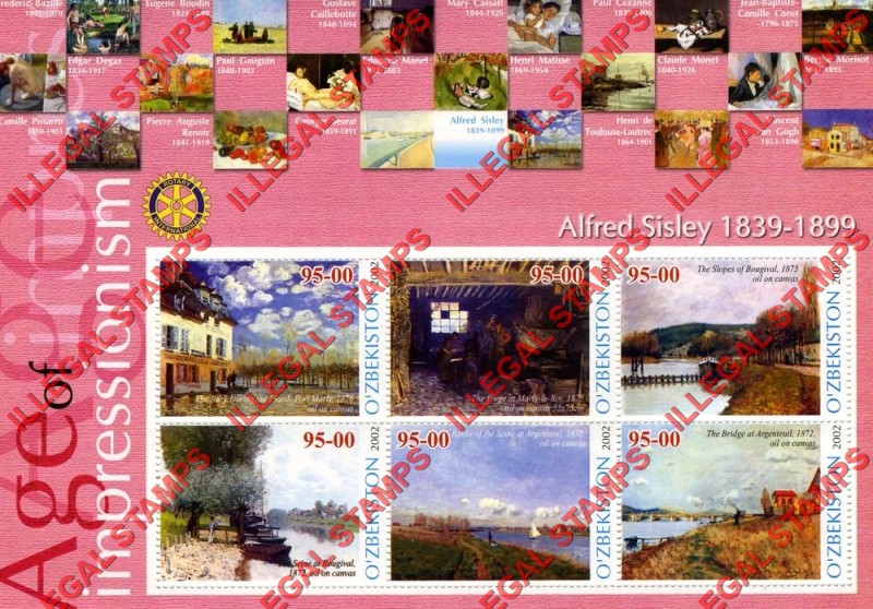 O’ZBEKISTON 2002 Paintings Impressionists Alfred Sisley Counterfeit Illegal Stamp Souvenir Sheet of 6 O’ZBEKISTON 2002 Paintings Impressionists Alfred Sisley Counterfeit Illegal Stamp Souvenir Sheet of 6