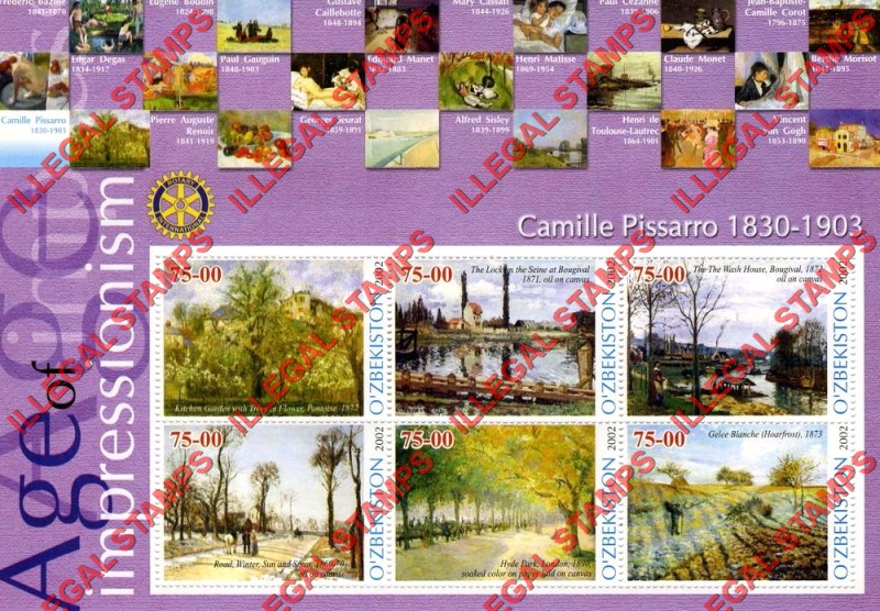 O’ZBEKISTON 2002 Paintings Impressionists Camille Pissarro Counterfeit Illegal Stamp Souvenir Sheet of 6 O’ZBEKISTON 2002 Paintings Impressionists Camille Pissarro Counterfeit Illegal Stamp Souvenir Sheet of 6