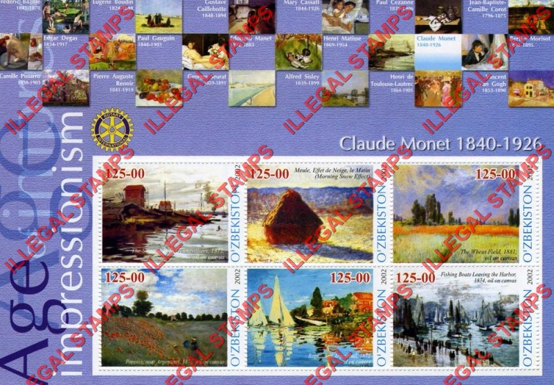 O’ZBEKISTON 2002 Paintings Impressionists Claude Monet Counterfeit Illegal Stamp Souvenir Sheet of 6 O’ZBEKISTON 2002 Paintings Impressionists Claude Monet Counterfeit Illegal Stamp Souvenir Sheet of 6