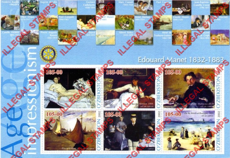 O’ZBEKISTON 2002 Paintings Impressionists Edouard Manet Counterfeit Illegal Stamp Souvenir Sheet of 6 O’ZBEKISTON 2002 Paintings Impressionists Edouard Manet Counterfeit Illegal Stamp Souvenir Sheet of 6