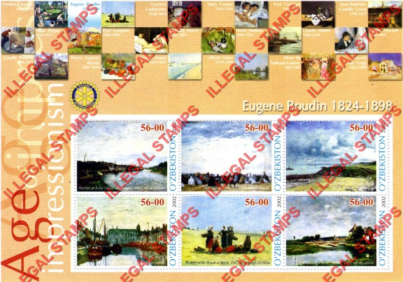 O’ZBEKISTON 2002 Paintings Impressionists Eugene Boudin Counterfeit Illegal Stamp Souvenir Sheet of 6 O’ZBEKISTON 2002 Paintings Impressionists Eugene Boudin Counterfeit Illegal Stamp Souvenir Sheet of 6