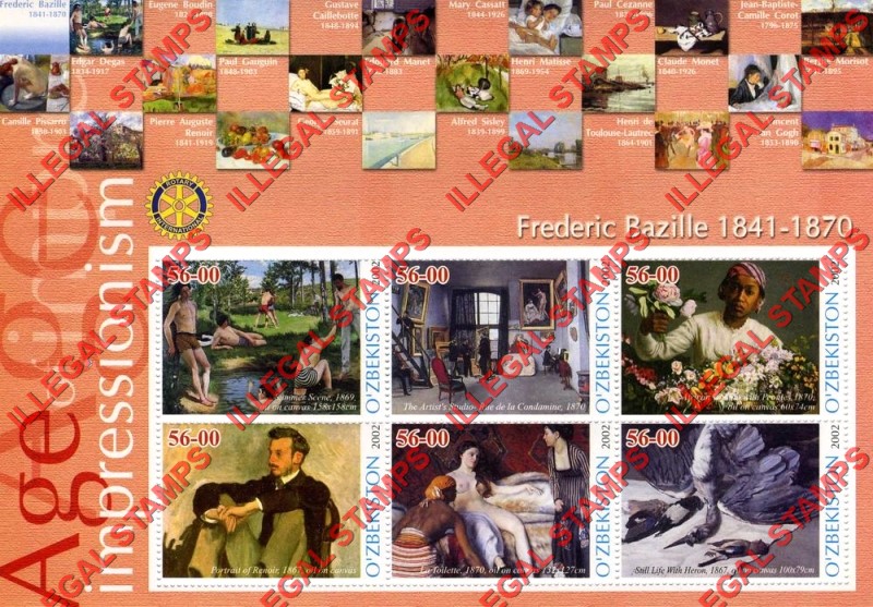 O’ZBEKISTON 2002 Paintings Impressionists Frederic Bazille Counterfeit Illegal Stamp Souvenir Sheet of 6 O’ZBEKISTON 2002 Paintings Impressionists Frederic Bazille Counterfeit Illegal Stamp Souvenir Sheet of 6