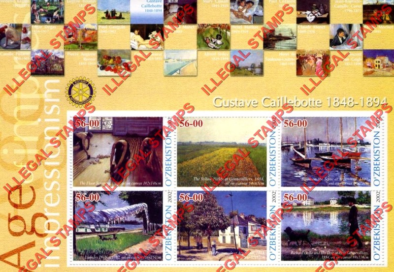 O’ZBEKISTON 2002 Paintings Impressionists Gustave Caillebotte Counterfeit Illegal Stamp Souvenir Sheet of 6 O’ZBEKISTON 2002 Paintings Impressionists Gustave Caillebotte Counterfeit Illegal Stamp Souvenir Sheet of 6