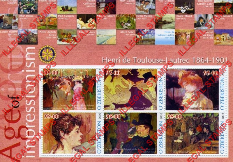 O’ZBEKISTON 2002 Paintings Impressionists Henri de Toulouse-Lautrec Counterfeit Illegal Stamp Souvenir Sheet of 6 O’ZBEKISTON 2002 Paintings Impressionists Henri de Toulouse-Lautrec Counterfeit Illegal Stamp Souvenir Sheet of 6