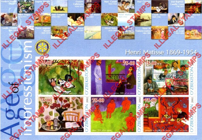 O’ZBEKISTON 2002 Paintings Impressionists Henri Matisse Counterfeit Illegal Stamp Souvenir Sheet of 6 O’ZBEKISTON 2002 Paintings Impressionists Henri Matisse Counterfeit Illegal Stamp Souvenir Sheet of 6
