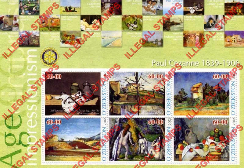 O’ZBEKISTON 2002 Paintings Impressionists Paul Cezanne Counterfeit Illegal Stamp Souvenir Sheet of 6 O’ZBEKISTON 2002 Paintings Impressionists Paul Cezanne Counterfeit Illegal Stamp Souvenir Sheet of 6
