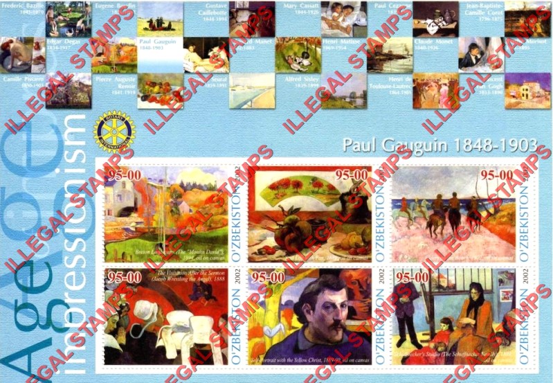 O’ZBEKISTON 2002 Paintings Impressionists Paul Gauguin Counterfeit Illegal Stamp Souvenir Sheet of 6 O’ZBEKISTON 2002 Paintings Impressionists Paul Gauguin Counterfeit Illegal Stamp Souvenir Sheet of 6