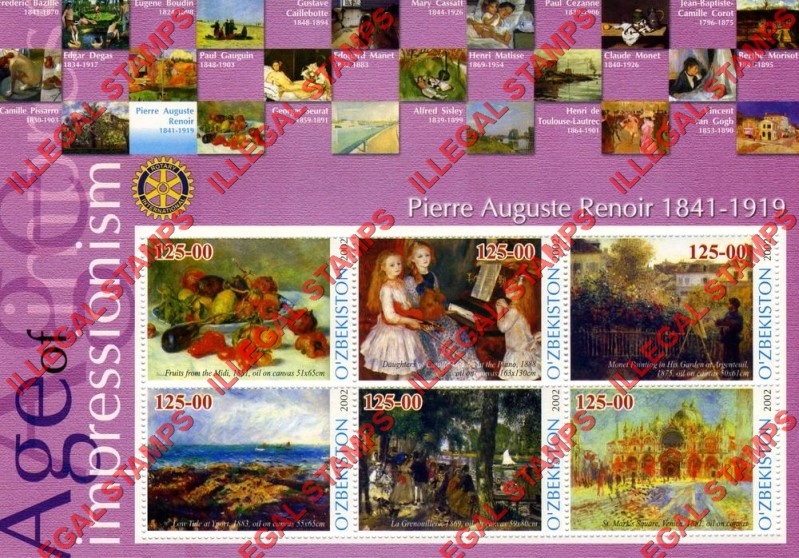 O’ZBEKISTON 2002 Paintings Impressionists Pierre Auguste Renoir Counterfeit Illegal Stamp Souvenir Sheet of 6 O’ZBEKISTON 2002 Paintings Impressionists Pierre Auguste Renoir Counterfeit Illegal Stamp Souvenir Sheet of 6