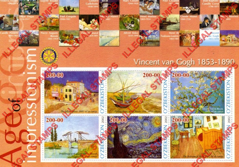 O’ZBEKISTON 2002 Paintings Impressionists Vincent van Gogh Counterfeit Illegal Stamp Souvenir Sheet of 6 O’ZBEKISTON 2002 Paintings Impressionists Vincent van Gogh Counterfeit Illegal Stamp Souvenir Sheet of 6