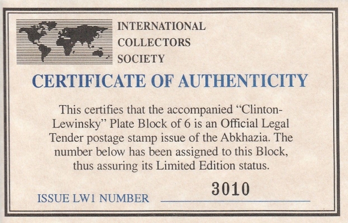 Abkhazia Bill Clinton and Monica Lewinsky Illegal Stamps Bogus Certificate of Authenticity Abkhazia Bill Clinton and Monica Lewinsky Illegal Stamps Bogus Certificate of Authenticity