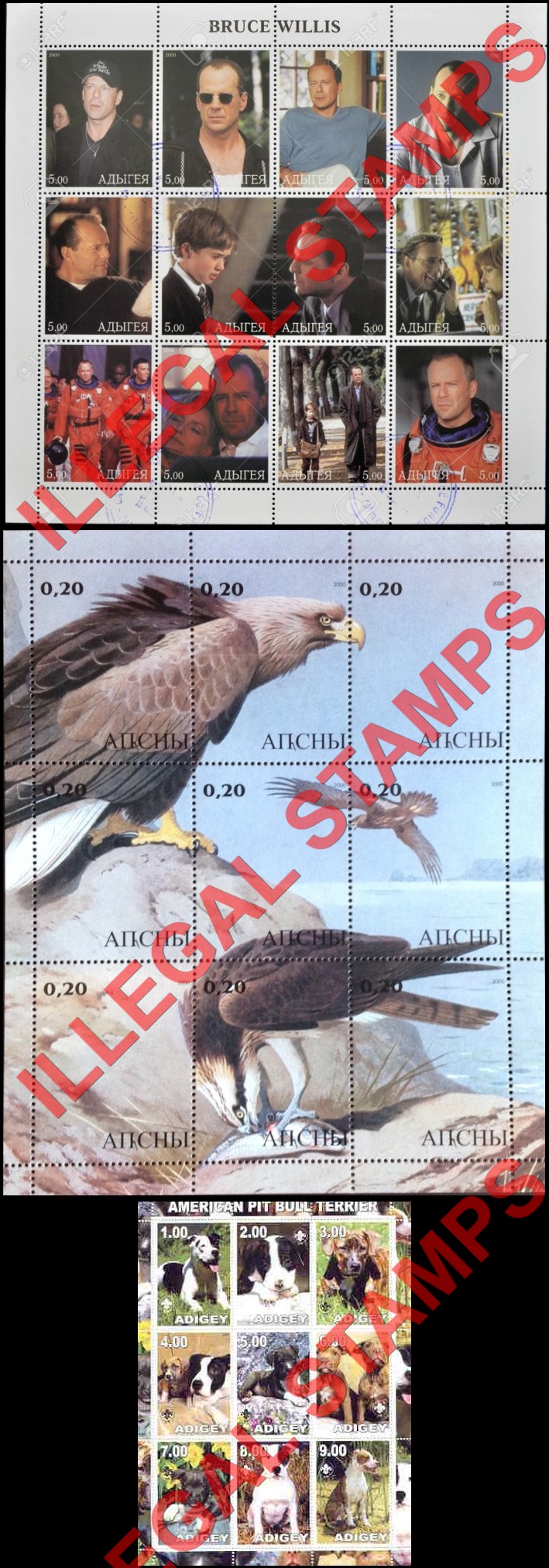 Republic of Adygea 2000 Bruce Willis, Birds of Prey and Dogs Illegal Stamps Republic of Adygea 2000 Bruce Willis, Birds of Prey and Dogs Illegal Stamps