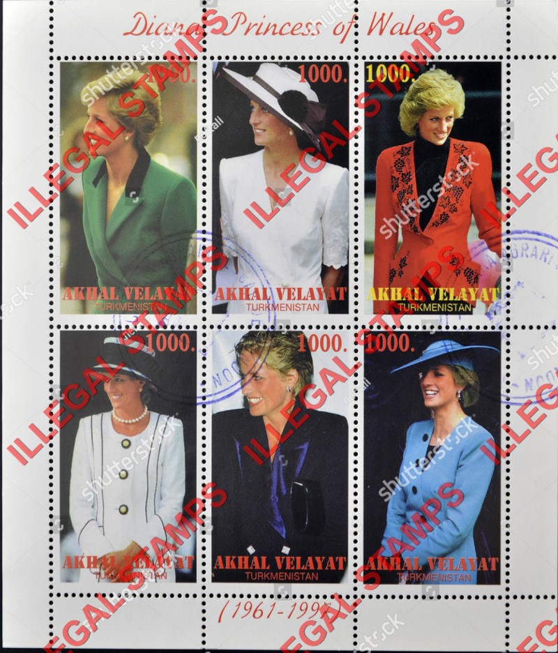 Akhal Velayat 1997-8 Princess Diana Illegal Stamps Akhal Velayat 1997-8 Princess Diana Illegal Stamps
