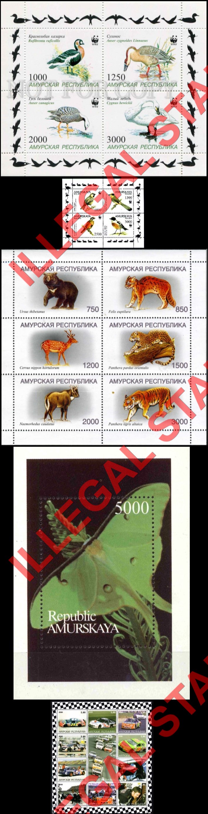 Amurskaya Province 1999-2000 Birds WWF, Animals, Butterflies and Racing Cars Illegal Stamps Amurskaya Province 1999-2000 Birds WWF, Animals, Butterflies and Racing Cars Illegal Stamps
