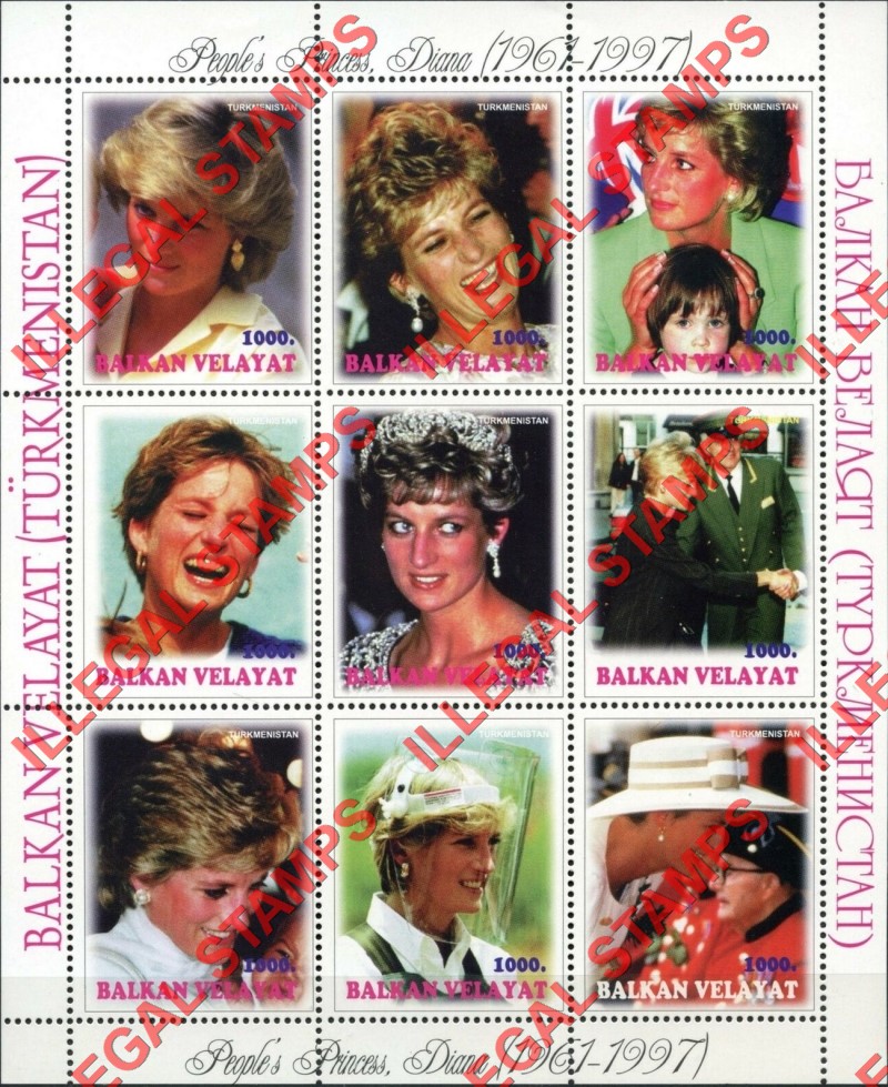 Balkan Velayat 1997-8 Princess Diana Illegal Stamps Balkan Velayat 1997-8 Princess Diana Illegal Stamps