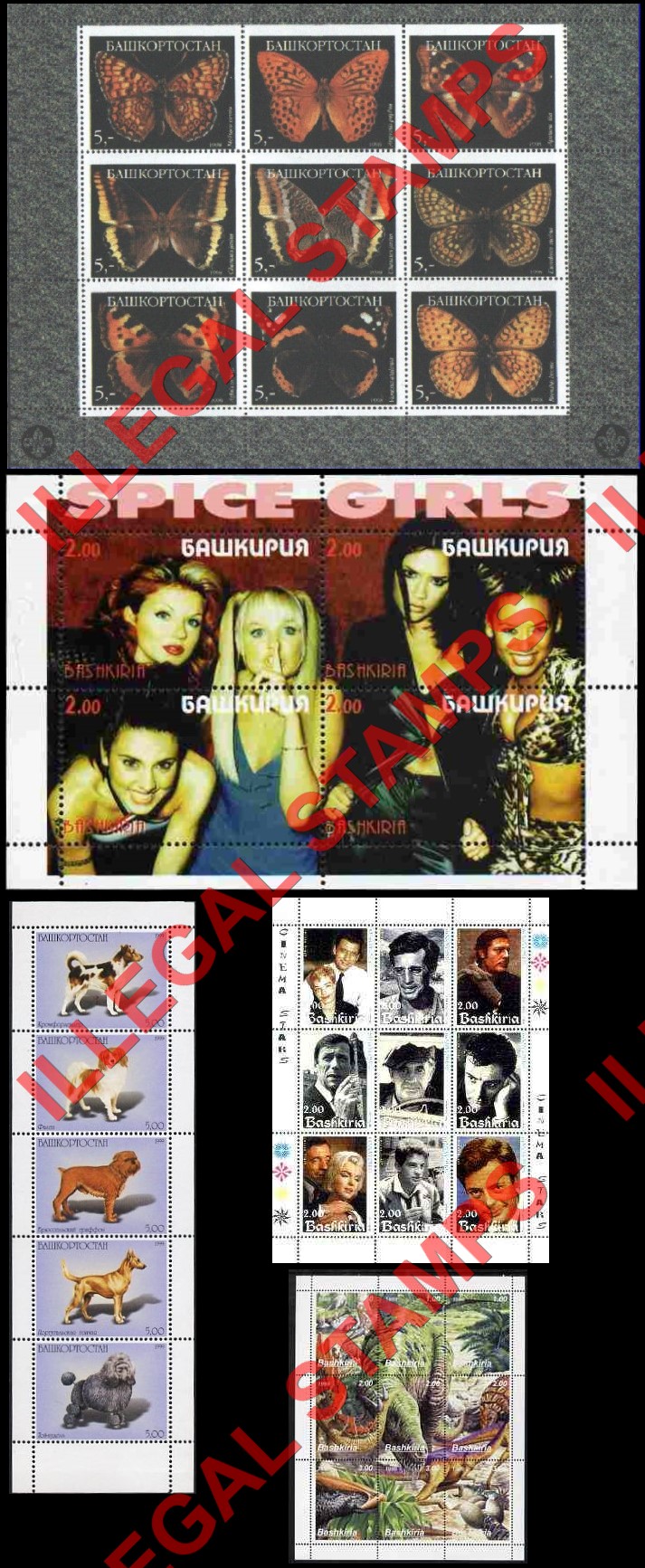Republic of Bashkortostan 1999 Butterflies, Spice Girls, Cinema Stars, Dogs and Dinosaurs Illegal Stamps Republic of Bashkortostan 1999 Butterflies, Spice Girls, Cinema Stars, Dogs and Dinosaurs Illegal Stamps