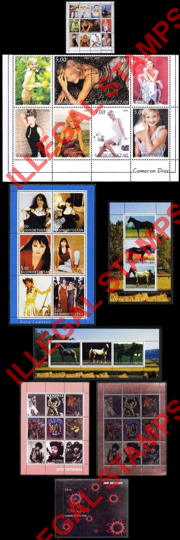 Republic of Bashkortostan 2000 Cameron Diaz, Lucy Lawless, Horses and Jimi Hendrix Illegal Stamps Republic of Bashkortostan 2000 Cameron Diaz, Lucy Lawless, Horses and Jimi Hendrix Illegal Stamps