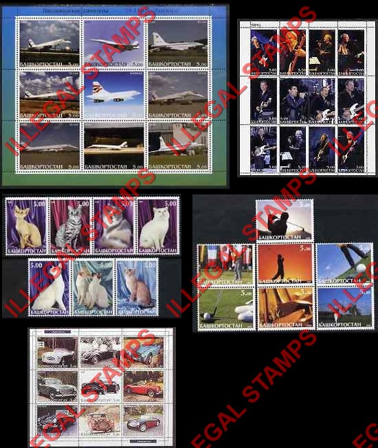 Republic of Bashkortostan 2000 Concorde, Sting, Cats, Golf and Classic Cars Illegal Stamps Republic of Bashkortostan 2000 Concorde, Sting, Cats, Golf and Classic Cars Illegal Stamps