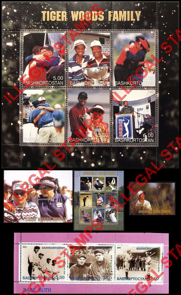 Republic of Bashkortostan 2001 Tiger Woods and Babe Ruth Illegal Stamps Republic of Bashkortostan 2001 Tiger Woods and Babe Ruth Illegal Stamps