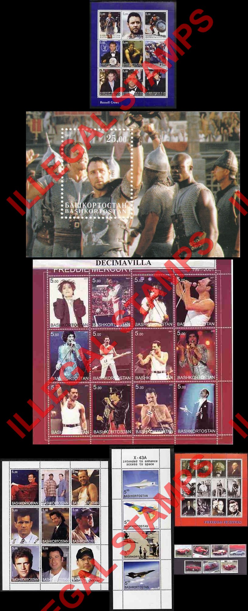 Republic of Bashkortostan 2001 Russell Crowe, Freddie Mercury, Famous Actors, Freedom Fighters, X-43A Aircraft and Ferrari Illegal Stamps Republic of Bashkortostan 2001 Russell Crowe, Freddie Mercury, Famous Actors, Freedom Fighters, X-43A Aircraft and Ferrari Illegal Stamps