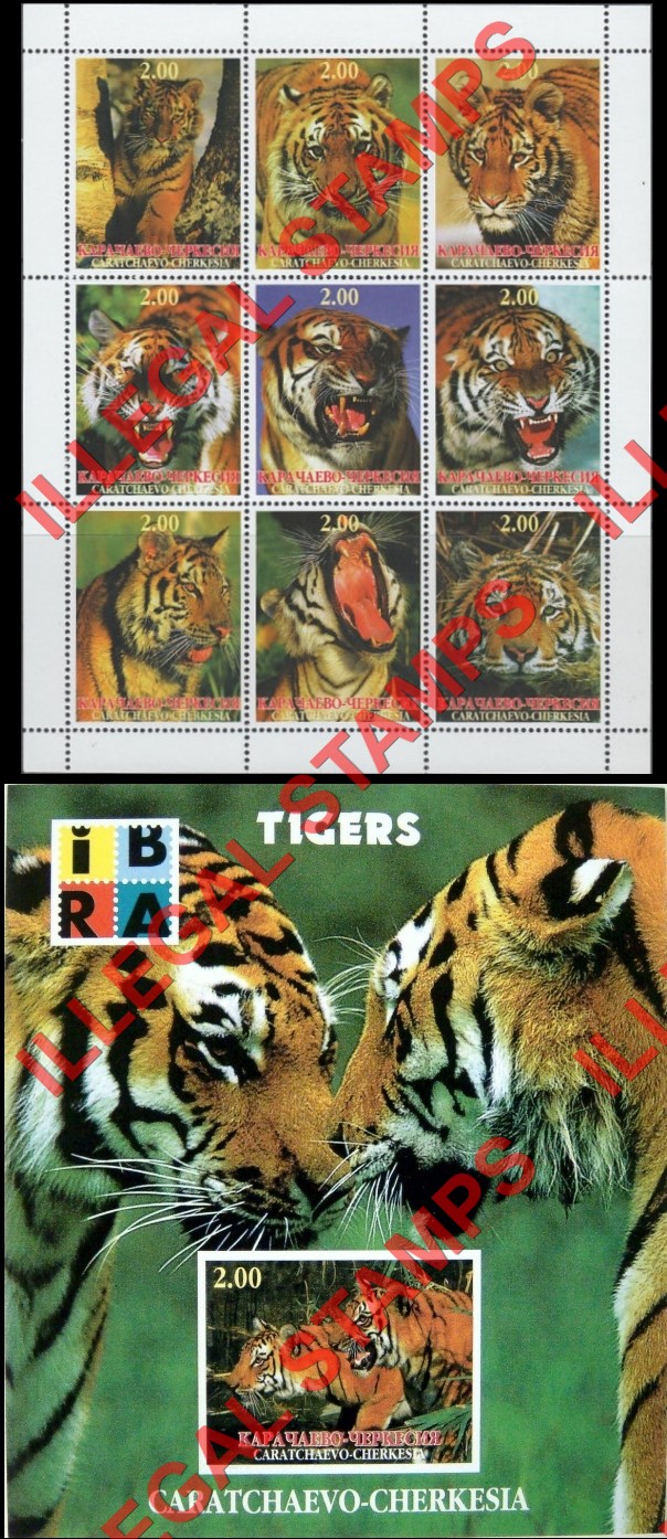 Karachevo-Cherkessia 1999 Tigers Illegal Stamps Karachevo-Cherkessia 1999 Tigers Illegal Stamps
