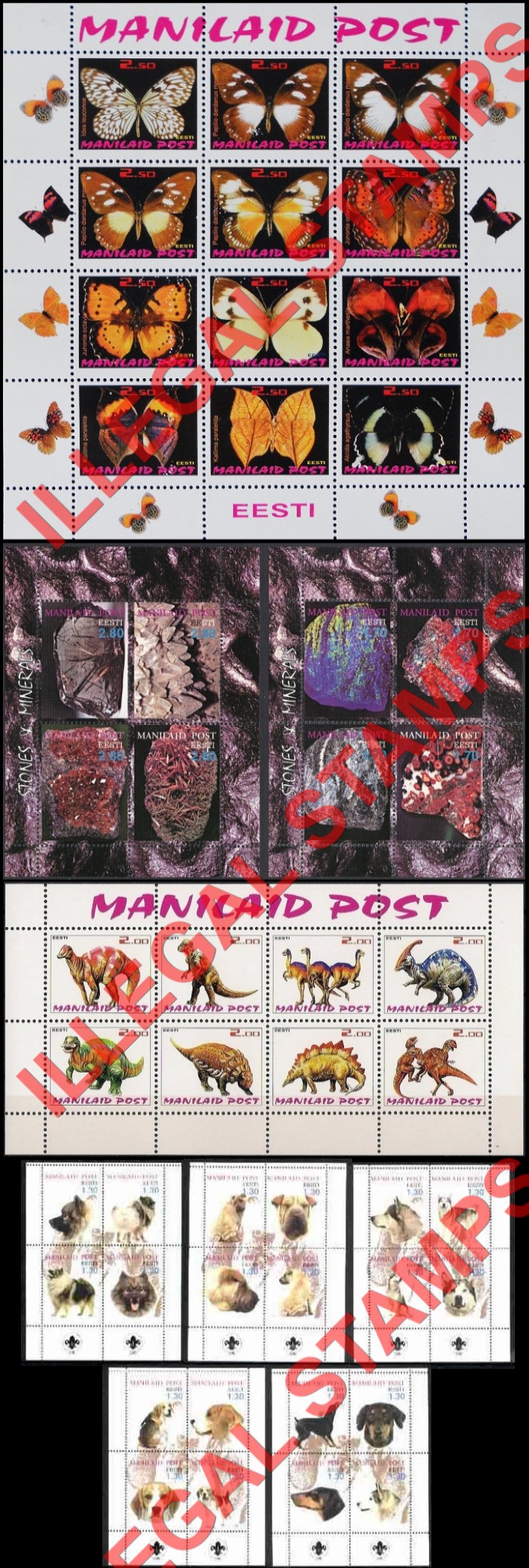 Manilaid Post Dogs, Minerals, Dinosaurs and Butterflies Illegal Stamps Manilaid Post Dogs, Minerals, Dinosaurs and Butterflies Illegal Stamps