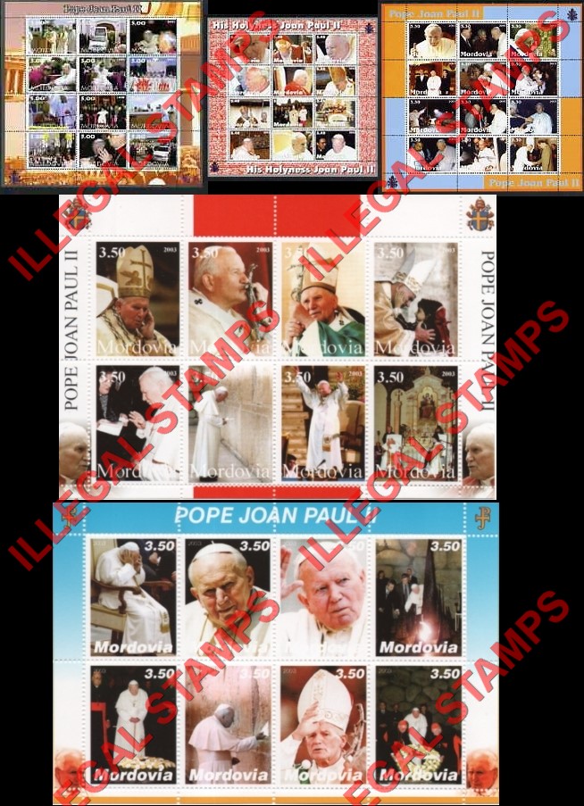 Republic of Mordovia 2003 Counterfeit Pope John Paul II Illegal Stamps Republic of Mordovia 2003 Counterfeit Pope John Paul II Illegal Stamps