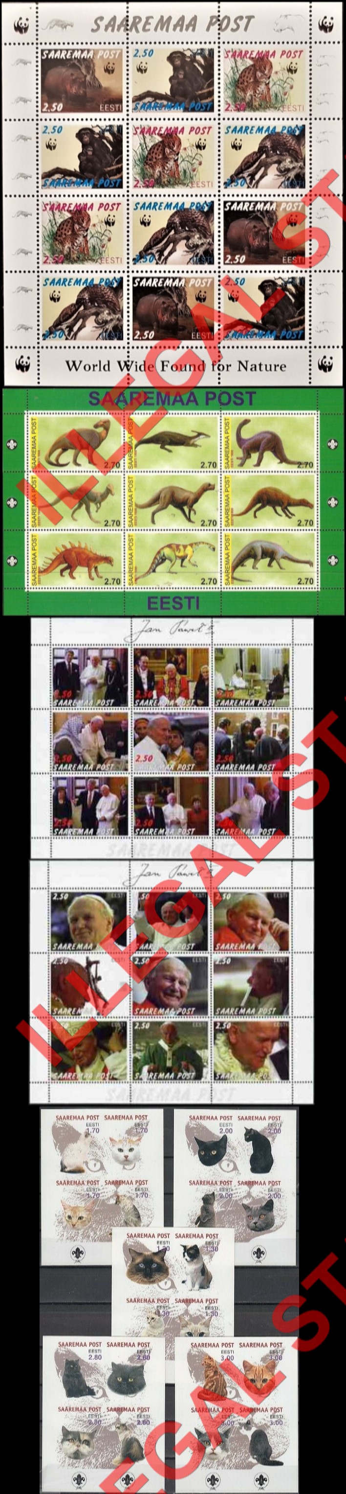 Saaremaa Post WWF, Pope, Dinosaurs and Cats Illegal Stamps Saaremaa Post WWF, Pope, Dinosaurs and Cats Illegal Stamps